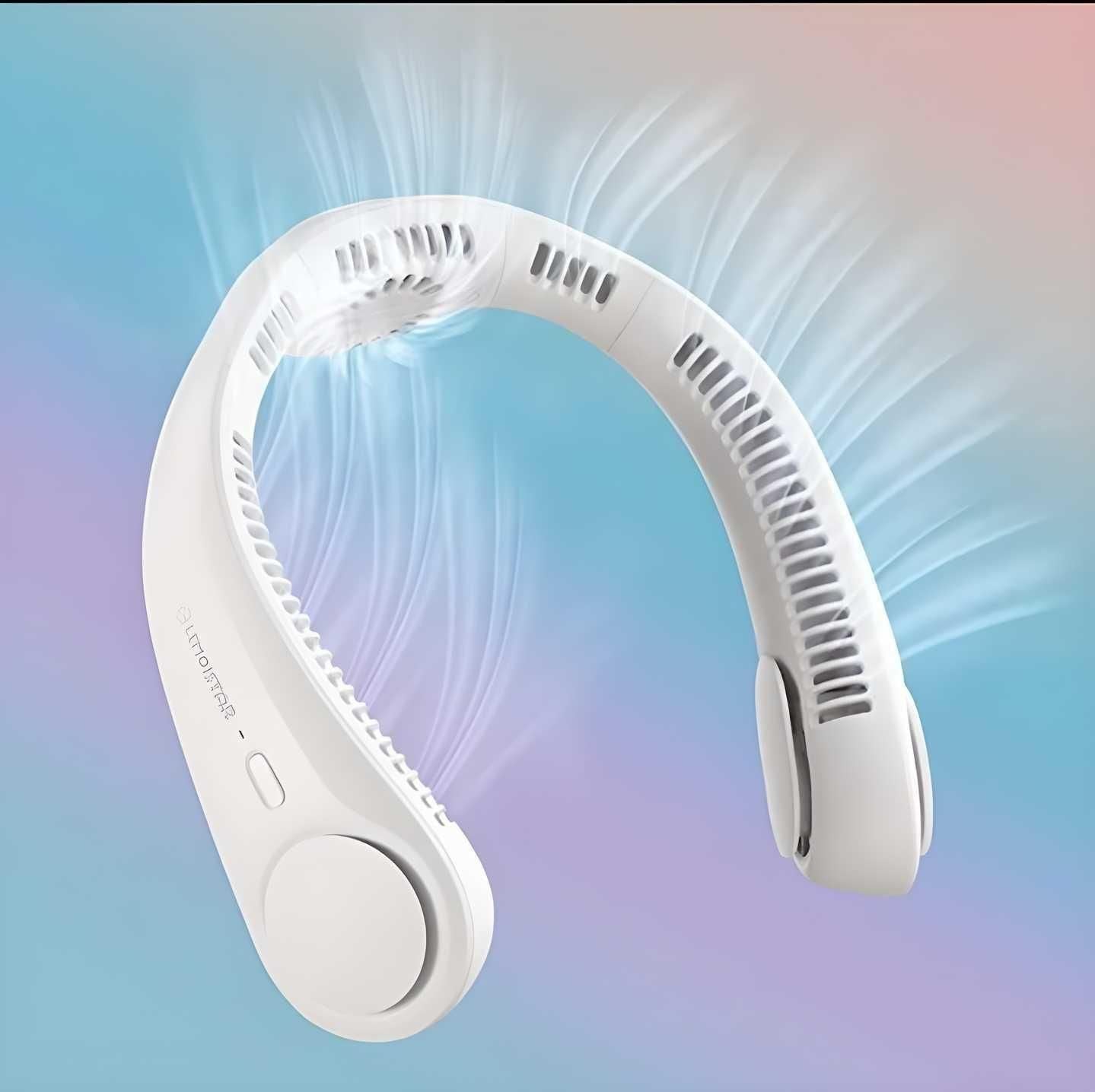 Close-up of bladeless neck fan showing multiple air vents and modern design